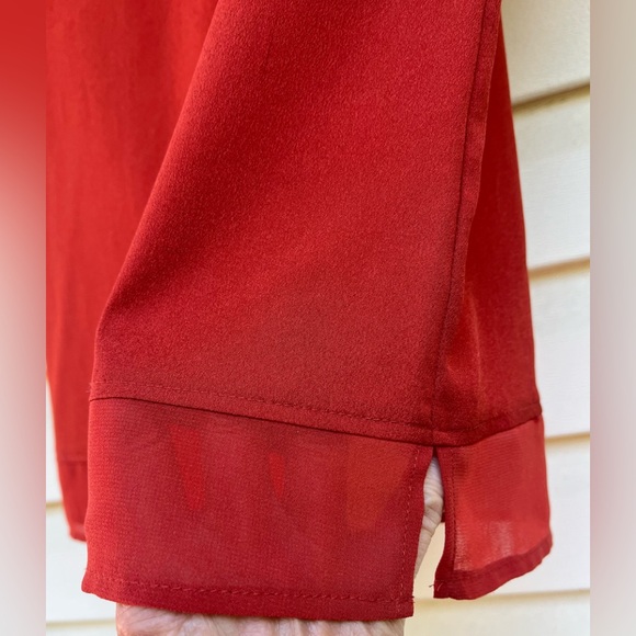 DKNY fire-red/orange sleeveless double V-neck blouse, sheer hemline, NWT, Small - Picture 7 of 9